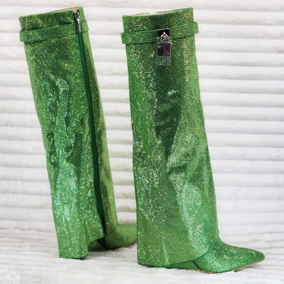 Super Sparkle Sharky Green Rhinestone Skirted Fold Over Wedge Heel Knee Boots - Picture 3 of 14